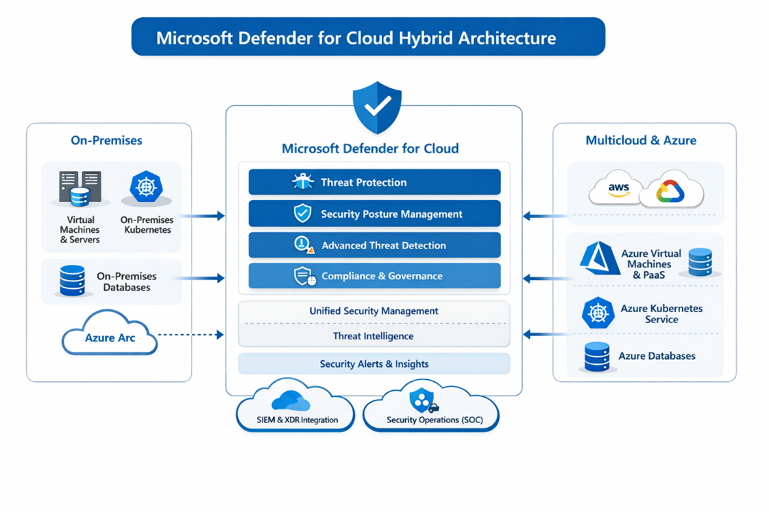 Hybrid architecture diagram showing Microsoft Defender for Cloud securing on‑prem, Azure, and multi-cloud resources via unified management.
