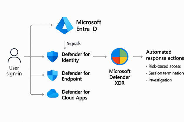 Defender XDR architecture correlating identity, endpoint, and cloud signals through Microsoft Entra ID for unified threat detection.
