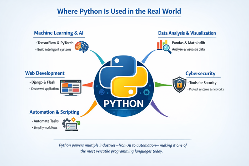Diagram showing Python real‑world applications including data analysis, machine learning, web development, automation, and cybersecurity.