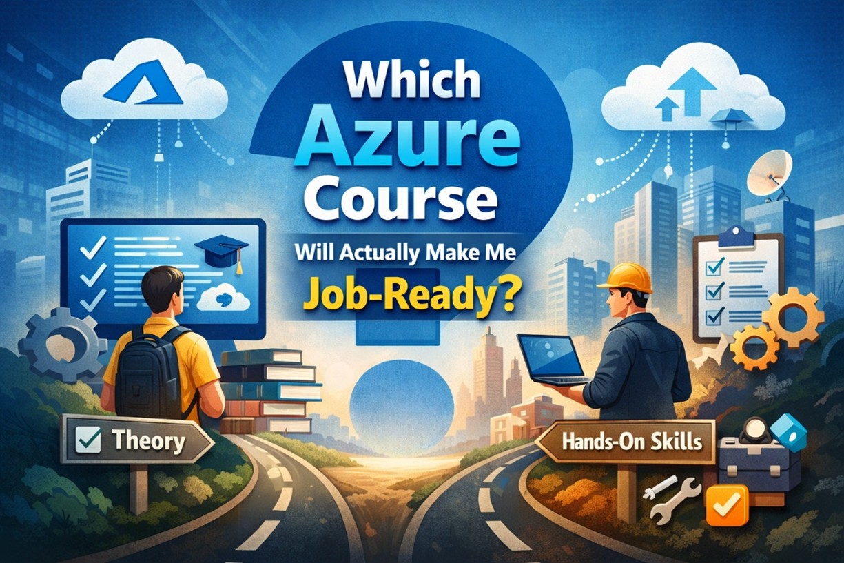 Illustration comparing Azure theory versus hands‑on skills, highlighting the path to job‑ready cloud expertise.