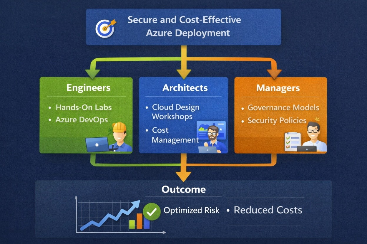 Diagram showing a shared business goal branching into role‑based learning paths for engineers, architects, and managers.
