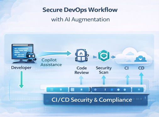 Secure DevOps workflow showing GitHub Copilot assistance with code review, security scanning, and CI/CD compliance before deployment.