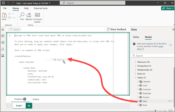 Power BI Desktop TMDL view showing text‑based semantic model editing for batch updates, version control, and collaborative development.