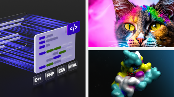Generative AI outputs across domains showing code generation, image synthesis, and molecular structure creation.