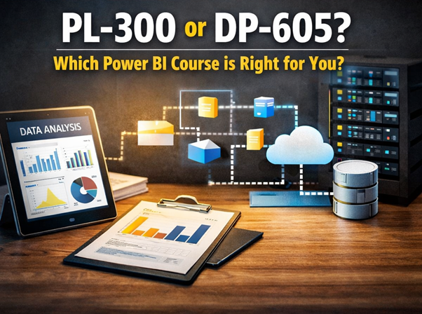 Visual comparing PL‑300 and DP‑605 Power BI courses, highlighting analytics dashboards, cloud data, and Microsoft Fabric concepts.