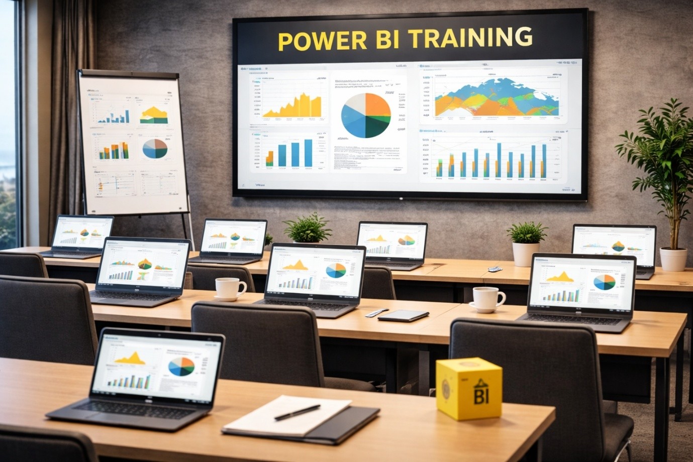 Power BI training classroom setup with laptops displaying dashboards, charts, and analytics reports for hands‑on learning.