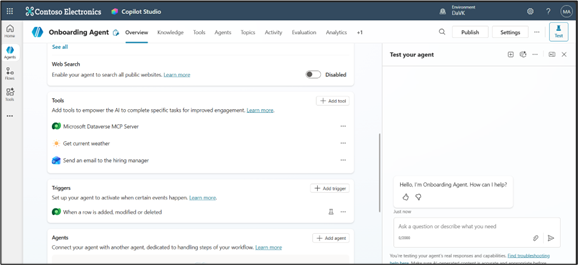 Copilot Studio  agent interface showing low‑code configuration, tools, triggers, and a conversational employee  assistant.