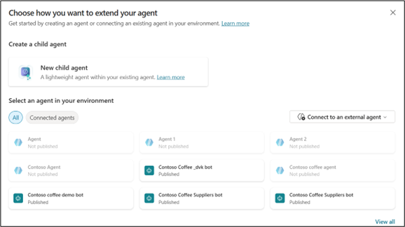 Copilot Studio interface showing how to add a child agent to extend a main agent, enabling multi‑agent orchestration and task delegation.