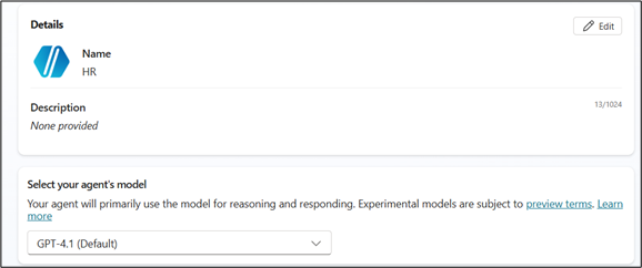 Copilot Studio model selection interface showing GPT‑4.0 set as default with a dropdown to choose alternative AI models.
