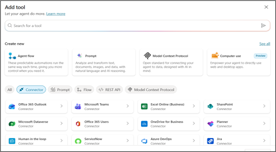 Copilot Studio tools gallery showing connectors, prompts, flows, REST APIs, and enterprise integrations for executing agent actions.