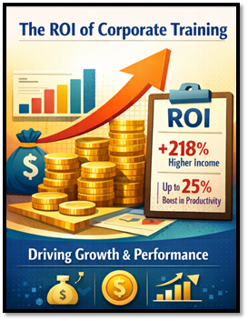 Illustration showing the ROI of corporate training with productivity growth, higher income per employee, and long‑term business performance gains.