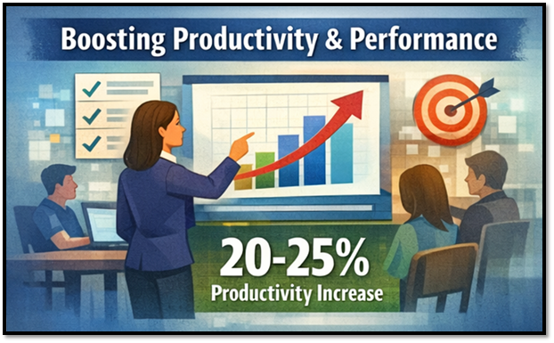 Illustration showing corporate training improving employee productivity by 20–25% with performance metrics, growth charts, and learning outcomes.