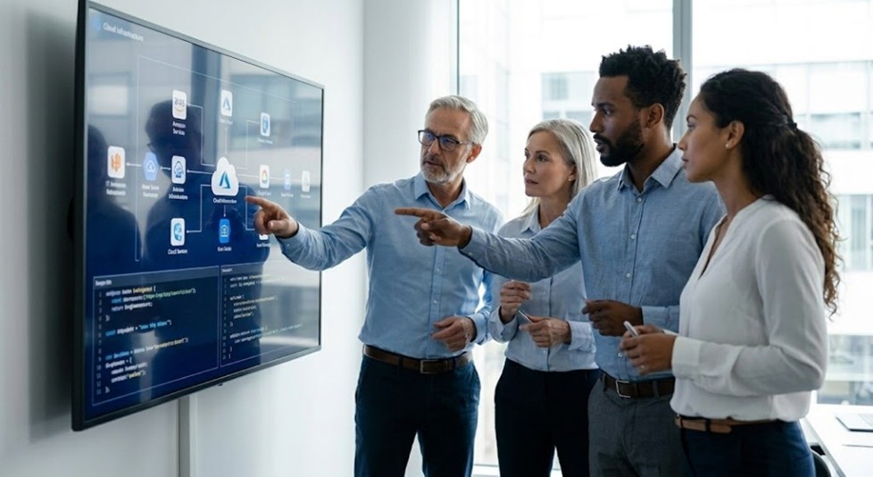 Teams collaboratively designing a cloud architecture on a digital board, illustrating hands‑on training for real‑world cloud deployment scenarios.