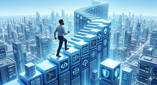 Illustration of a professional progressing upward through blocks representing continuous skill development, cloud projects, and resilient career growth.