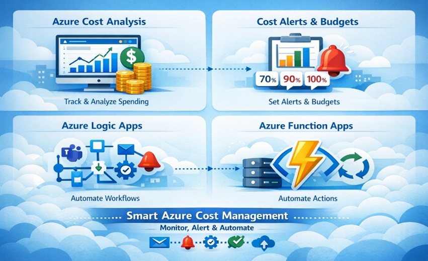 Azure Cost Management showing budgets, spend alerts at 70%, 90%, 100%, and automated actions using Logic Apps.