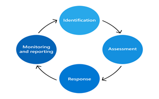 Diagram showing continuous risk management cycle with identification, assessment, response, and monitoring in Zero Trust.