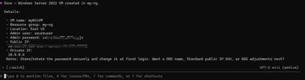 GitHub Copilot CLI showing VM creation summary with configuration details after interactive command execution.