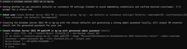 GitHub Copilot CLI interactive terminal generating Azure VM command from natural language prompt