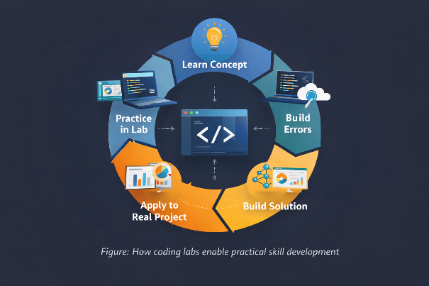 Hands‑on coding lifecycle showing learn, practice, build, apply, and solve real projects for skill development.