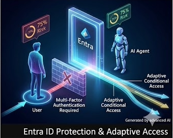 Microsoft Entra ID Protection showing adaptive conditional access, risk‑based MFA, AI agent identity, and phishing‑resistant passkeys.