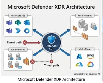 Microsoft Defender XDR architecture showing unified threat detection across on‑prem, Microsoft 365, and multi‑cloud workloads.