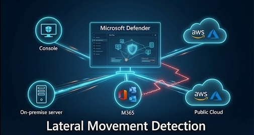 Unified Microsoft Defender XDR detecting lateral movement between on‑prem servers, Microsoft 365, and public cloud workloads.