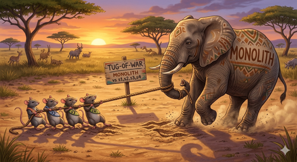 Monolith elephant wins tug-of-war against microservices mice, symbolizing strength of monolithic software architecture