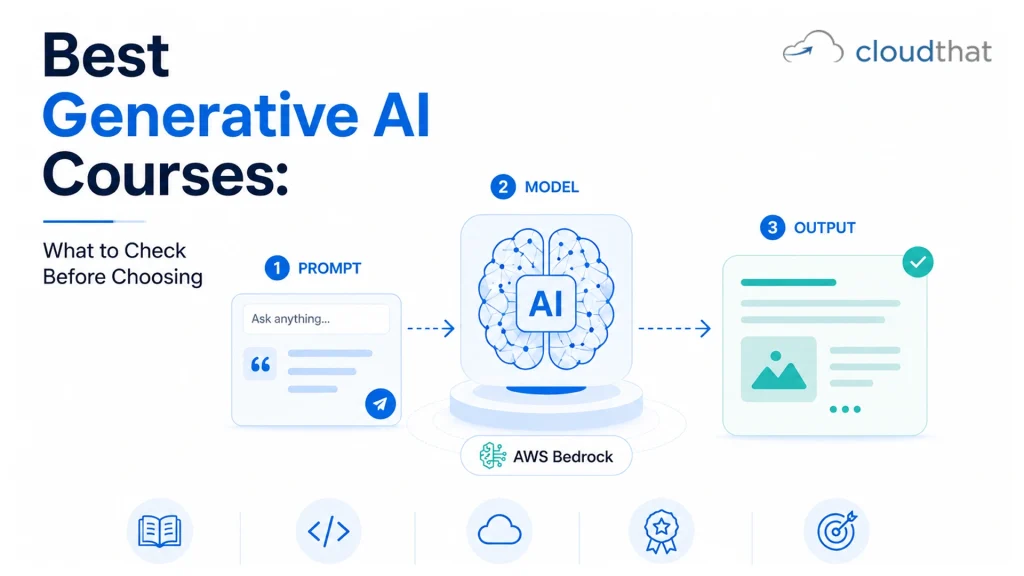 Generative AI training banner showing AWS Bedrock workflow with course evaluation checklist