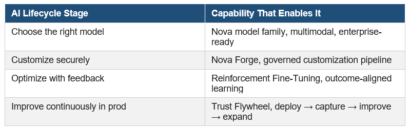 AI lifecycle stages with Amazon Nova capabilities for model selection, tuning, deployment, and continuous improvement.