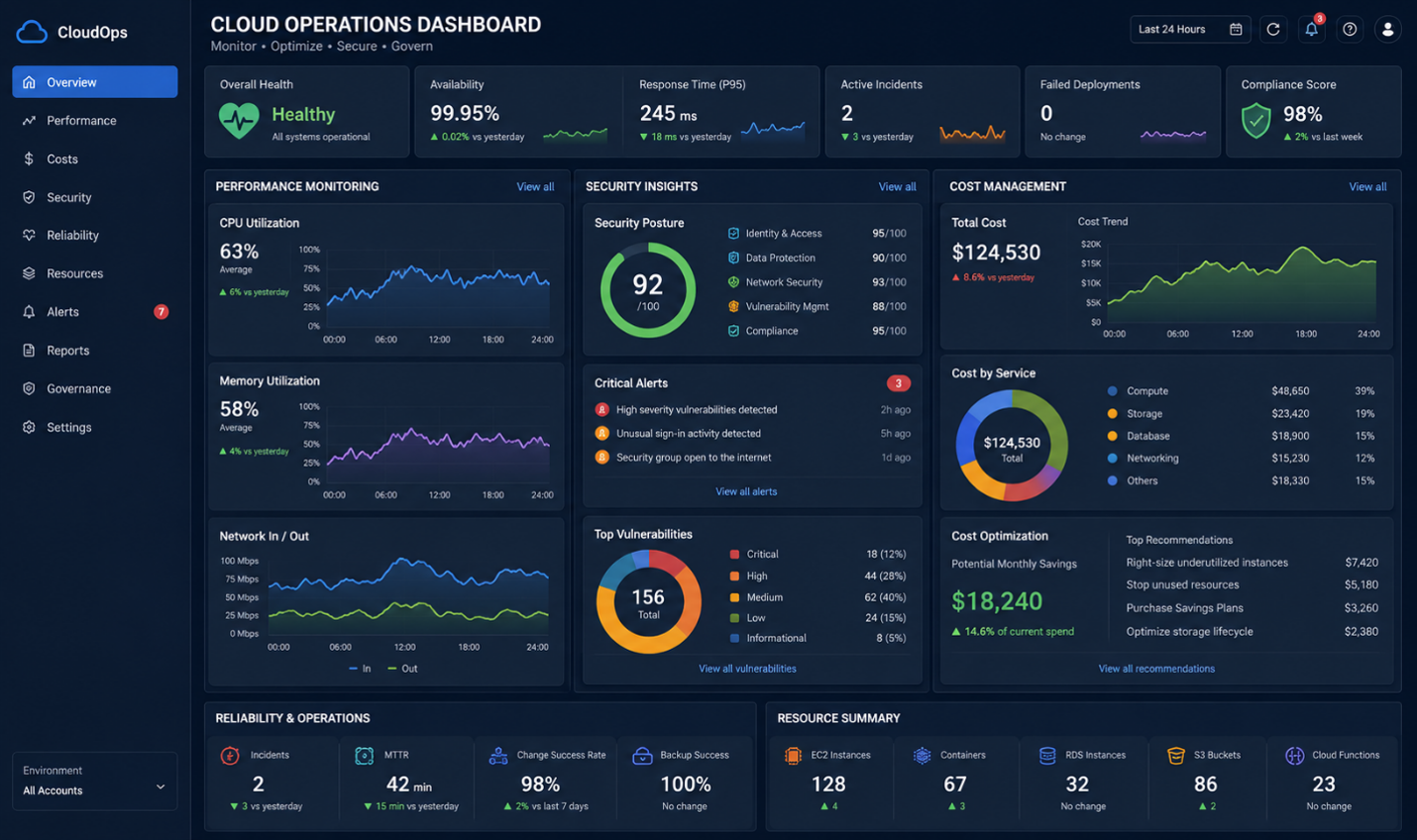 This image demonstrates how monitoring and governance tools provide visibility into cloud operations and support continuous improvement efforts.