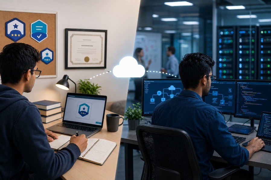 Azure certification journey vs real cloud work showing training, badges, and hands‑on skills in production environments.