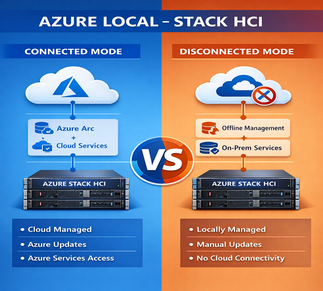 Azure Stack HCI connected vs disconnected mode showing cloud-managed services and offline on‑prem infrastructure operations.
