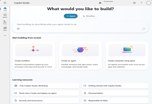 Microsoft Copilot Studio interface showing agent creation, workflows, and low‑code builder with Power Platform integration.
