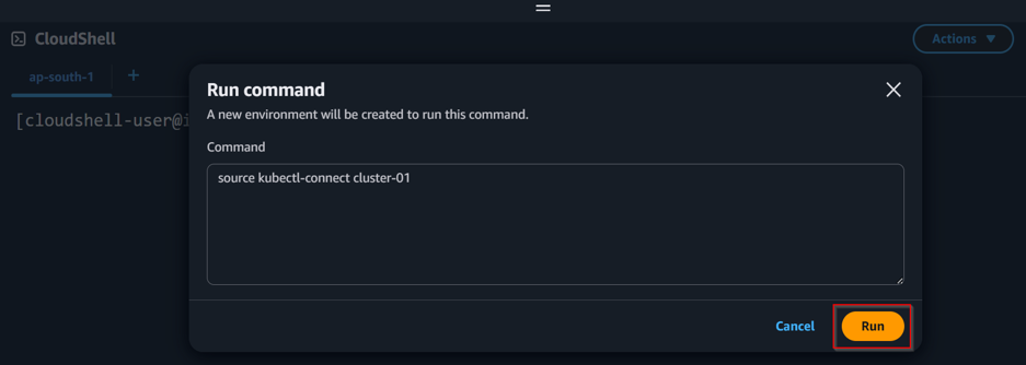 AWS CloudShell with kubectl configured showing Run command to connect to Amazon EKS cluster.
