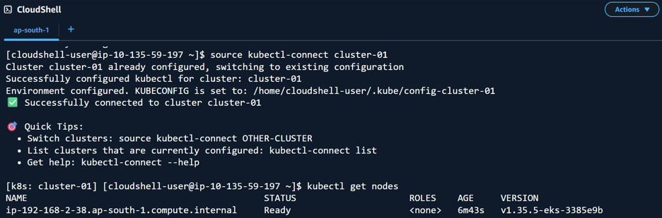 AWS CloudShell output showing kubectl commands listing nodes and pods connected to Amazon EKS cluster.