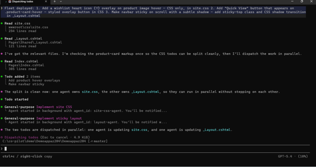 GitHub Copilot Fleet coordinating parallel AI agents updating CSS and layout files for simultaneous development tasks.