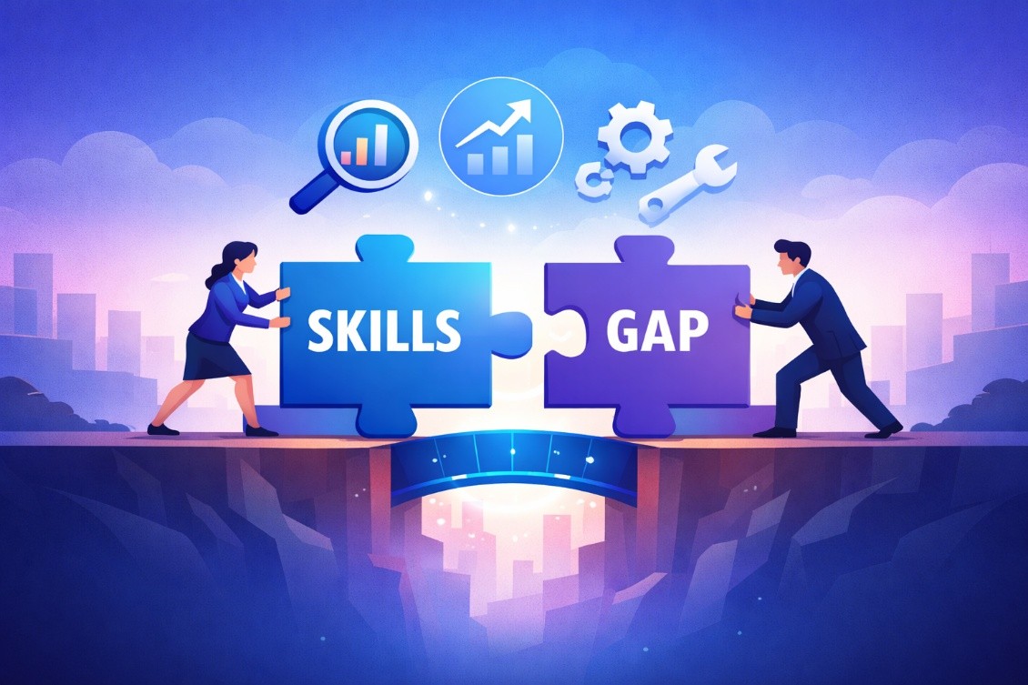 Corporate training skills gap illustration showing employees bridging learning gaps with analytics, growth, and performance tools.