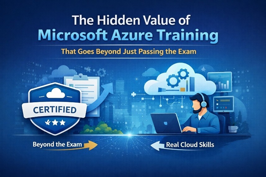 Microsoft Azure training illustration highlighting certification, real cloud skills, and career growth beyond exams.