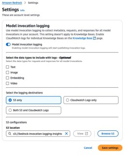 Amazon Bedrock logging settings showing model invocation logging options with S3 and CloudWatch Logs configuration.