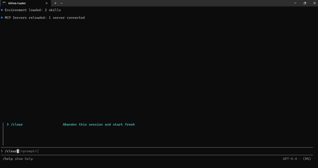 GitHub Copilot CLI showing /clear command to reset session context and remove previous prompts influence.