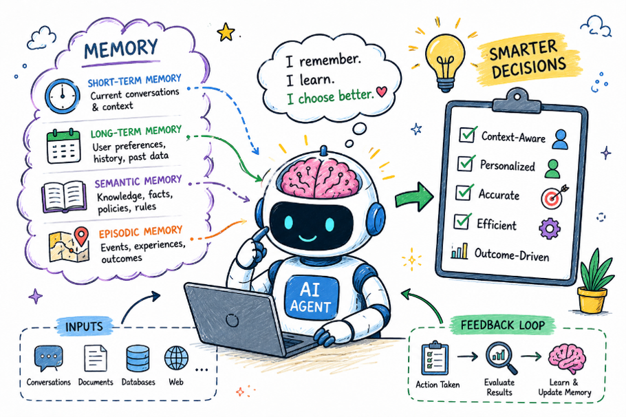 AI agent memory types diagram showing short‑term, long‑term, semantic, and episodic memory for smarter decisions.