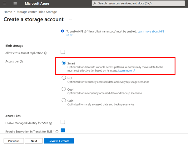 Azure Blob Storage Smart tier option showing automatic data tiering for cost optimization based on usage patterns.