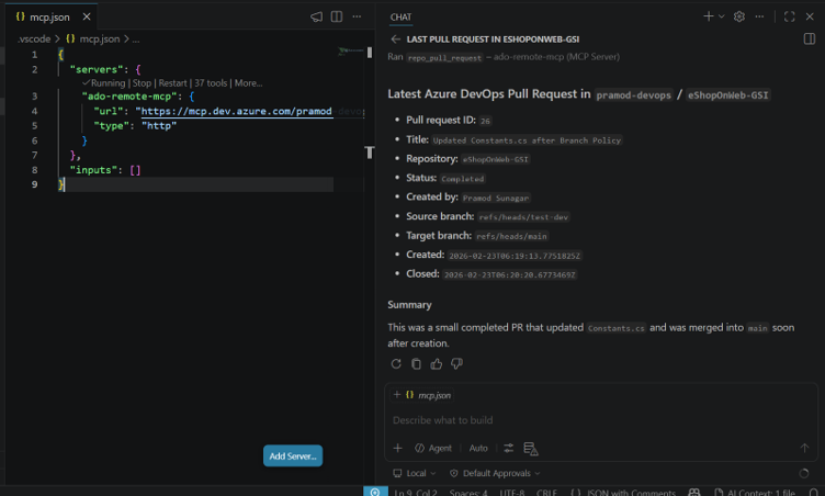 VS Code MCP setup showing JSON config, MCP server integration, and Copilot chat retrieving Azure DevOps data.