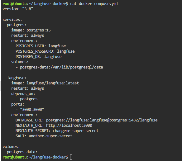 Langfuse Docker Compose setup with PostgreSQL, backend, environment variables, and port mapping on localhost.