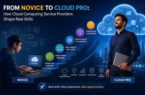 Cloud learning journey from novice to cloud professional showing training, certification, hands‑on skills, and career growth.
