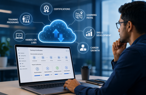 Cloud training ecosystem showing certifications, learning paths, hands‑on labs, and skills development for career growth.