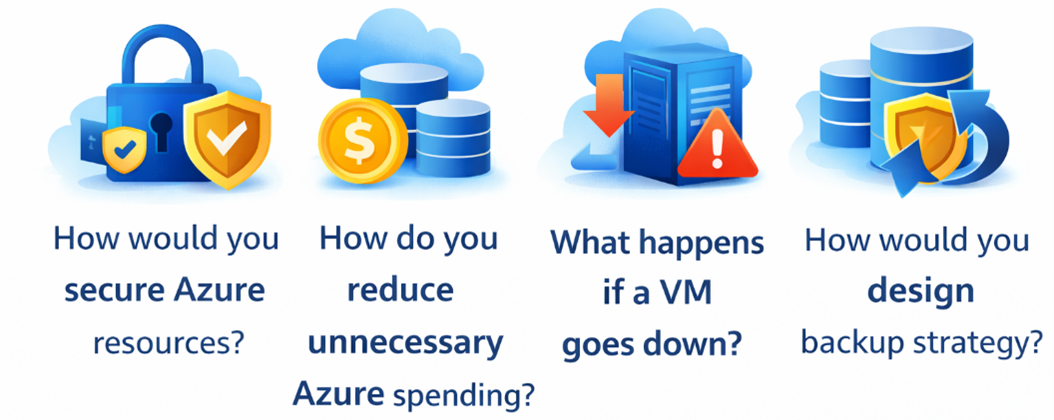 Azure interview scenarios covering security, cost optimization, VM failure handling, and backup strategy design.