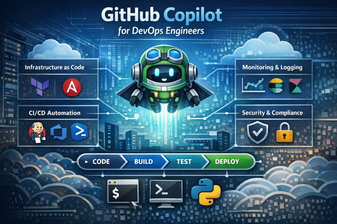 GitHub Copilot for DevOps showing CI/CD, IaC, monitoring, and security automation across code, build, test, deploy.