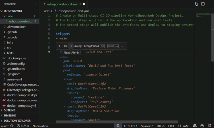 GitHub Copilot generating Azure DevOps multi‑stage CI/CD pipeline for .NET build, test, artifacts, and staging deploy.