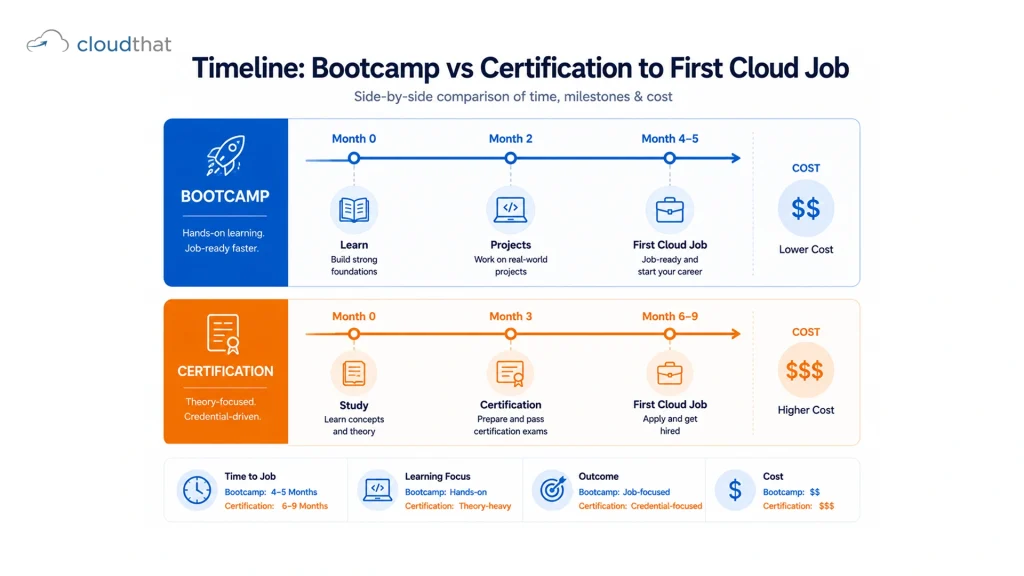 Bootcamp vs certification skills comparison showing hands-on learning, infrastructure code, troubleshooting, and security knowledge differences